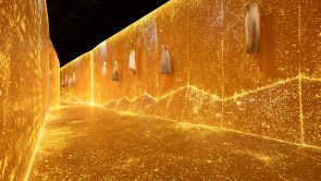 XYZ-Technologies_Christian-Dior-Designer-of dreams-exhibition-Gold-video-mapping-dresses-on-walls