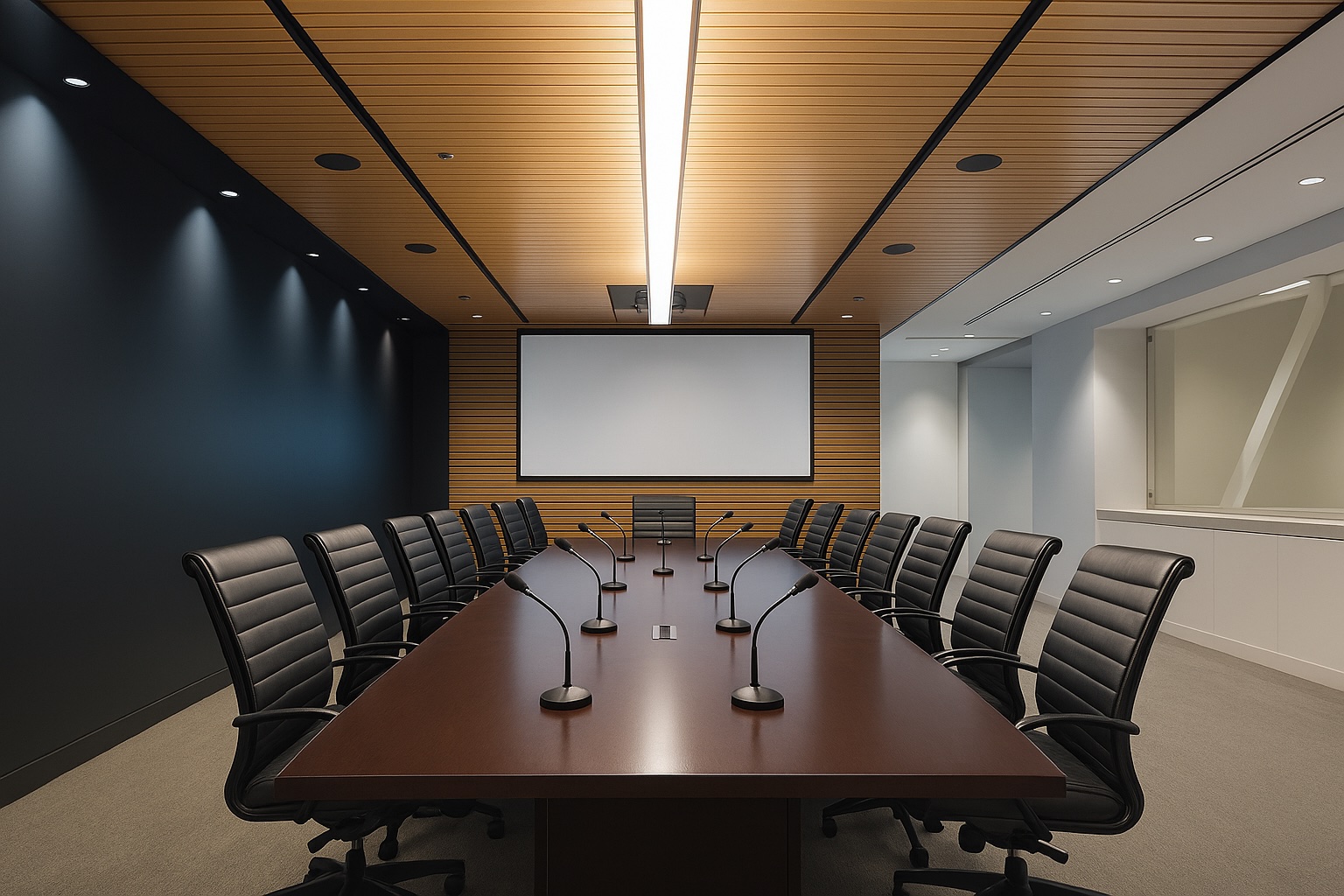 salle de conférence avec micros sur table et grand écran